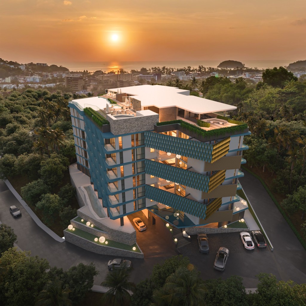 Ashiyana Heights exterior at sunset, Kata