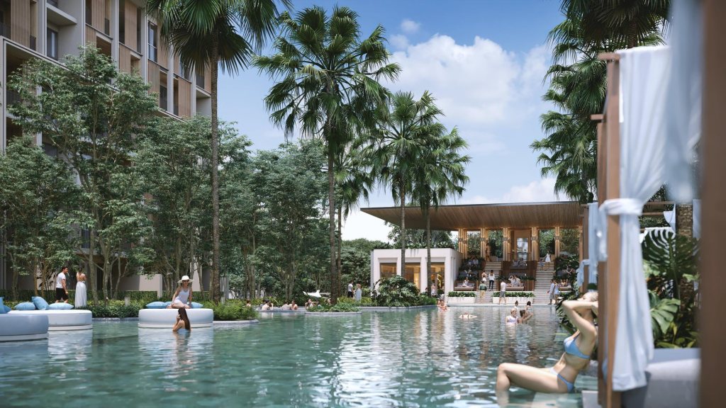 Sudara Residences pool with cabanas and clubhouse, Bang Tao